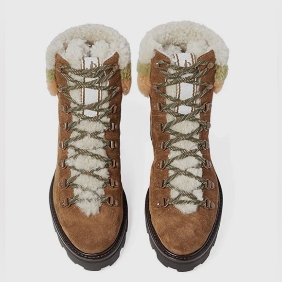 Jimmy Choo Eshe Flat Shearling Lace Up Combat Boots Suede Clove/Nutmeg US 7 IT37 - Picture 2 of 9